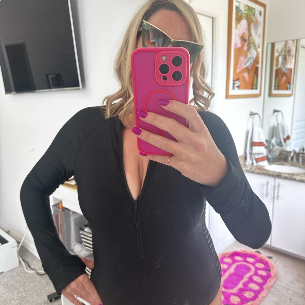 Fashion Nova Black Fitted Long Sleeve Bodysuit Swimwear